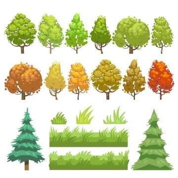 Trees and grass flat vector icons set Illustrazione stock