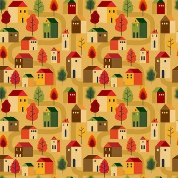 Trees and houses seamless pattern. Autumn, fall city landscape. wrapping pa.. Stock Illustration