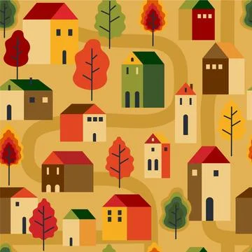 Trees and houses seamless pattern. Autumn, fall city landscape. wrapping pa.. Stock Illustration
