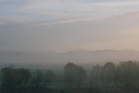 Trees and mountain covered by mist in  Padule, Tuscany, Italy Stock Photos