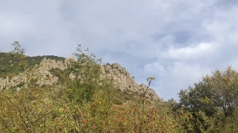 Trees And Mountains And Sky With Clouds - Crimea , Alushta, Valley Of Ghosts Stock Footage 83281647