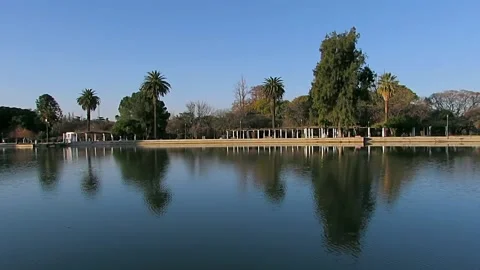Trees and Palm trees close to a lake at a Park in Mendoza, Argentina. Stock Footage 136868082