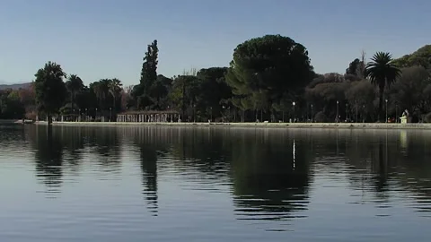 Trees and Palm trees reflected on a lake at the park Parque General San Martin. Stock Footage 136867980