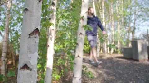Trees and a person passing on rooftop garden in the city Stock Footage 240180136