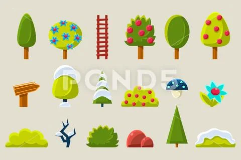 Trees and plants in different setasons sett, fruit, forest trees, bushes and Stock Illustration