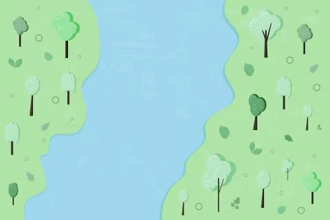 Trees and rivver composition background. Flat green banner with decorations a Ilustração Stock