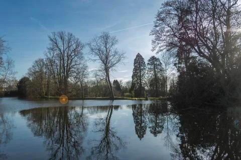 Trees and sky reflection on deep lake Stock Photos