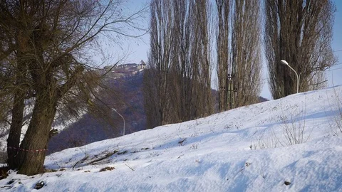 Trees and snow with castle on the background 스톡 동영상 71841724