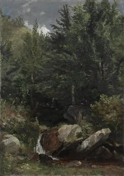 Trees and a Stream on a Hillside, 1853. Jasper F. Cropsey (American, 1823-1.. Stock Illustration