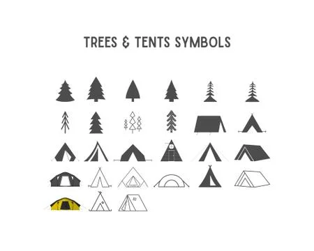 Trees and tent shapes elements for creation your own outdoor labels, hipster イラスト素材