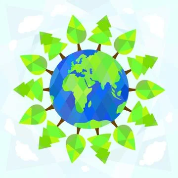 Trees around earth on blue background. Ecology concept Stock Illustration