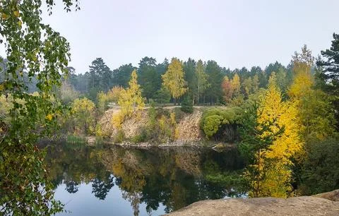 The trees in the autumn forest are reflected in the water of the lake Foto stock
