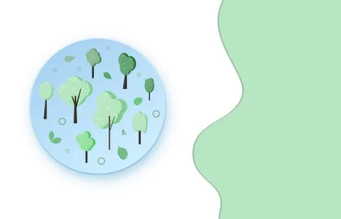 Trees badge composition background with empty space for text. Flat round labe Ilustração Stock