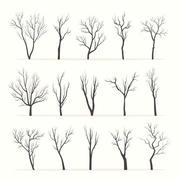 Trees with bare branches silhouette set. Mysterious black growths twisting stems Stock Illustration