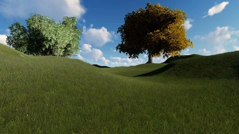 Trees between green hills Stock Footage 105783396