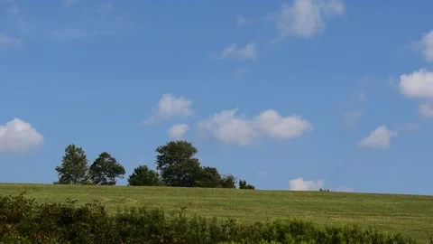 Trees blow in the wind over a meadow while clouds float by Stockbeeldmateriaal 139077336