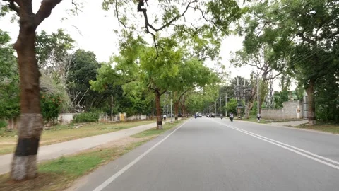 Trees on both side of road, Vehicles running on road Stock Footage 156974090