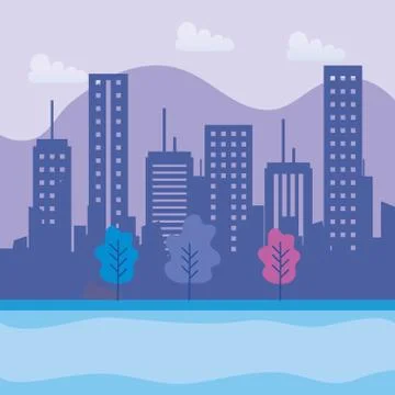 Trees with buildings structure with clouds and mountains Ilustración de archivo