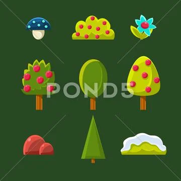 Trees, Bushes and Flower, Vector Illustration Set Stock Illustration