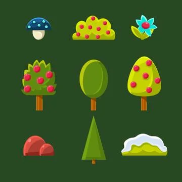 Trees, Bushes and Flower, Vector Illustration Set Illustrazione stock