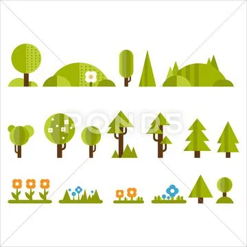 Trees, Bushes and Flowers Set in Flat Style Stock Illustration