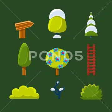 Trees, Bushes and Sign, Vector Illustration Set Stock Illustration