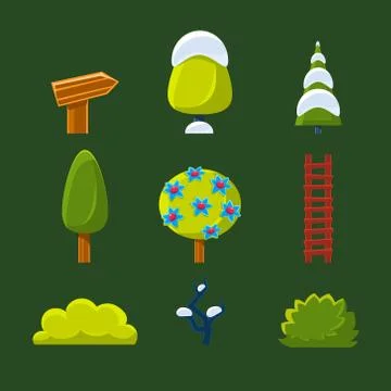 Trees, Bushes and Sign, Vector Illustration Set Illustrazione stock