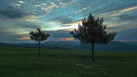 Trees in a clearing with a view of the mountains and sunset Stock Footage 284134372