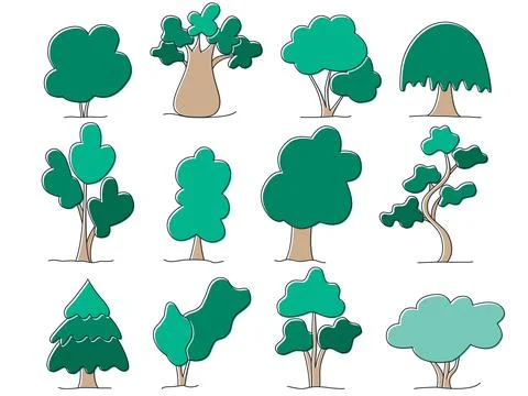 Trees colored doodle sketch style set Illustrazione stock