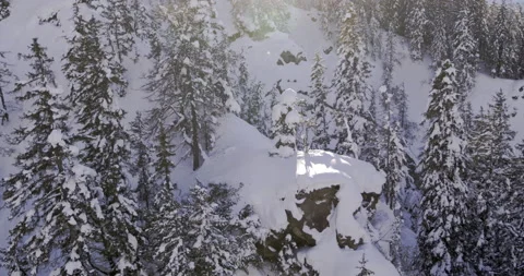Trees covered in Snow on Rock ledge. Winter Aerial Landscape Stock Footage 151502466