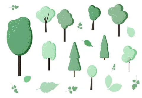 Trees design elements set. Flat green trees and leaves isolated. Elements for 스톡 일러스트
