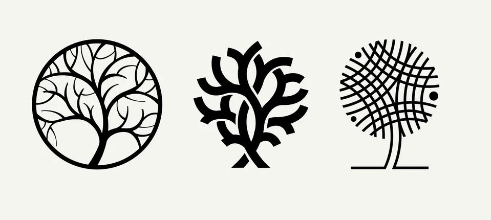 Trees in different styles. A set of templates for creating logos, emblems of Stock Illustration