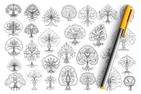 Trees elegant patterns doodle set Stock Illustration