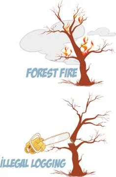 Trees on fire and cut vector illustration set Stock Illustration