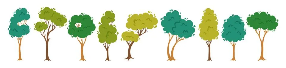 Trees flat cartoon set forest park abstract evergreen stylized plant nature eco Illustrazione stock