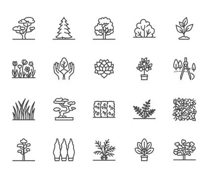 Trees flat line icons set. Plants, landscape design, fir tree, succulent Illustrazione stock