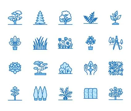 Trees flat line icons set. Plants, landscape design, fir tree, succulent Illustrazione stock