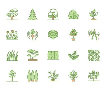 Trees flat line icons set. Plants, landscape design, fir tree, succulent Illustrazione stock