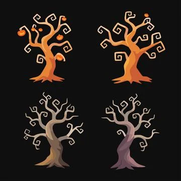 Trees Flat Set for Halloween Elements.Spooky Dead Tree with Curly Branches .. Stock Illustration