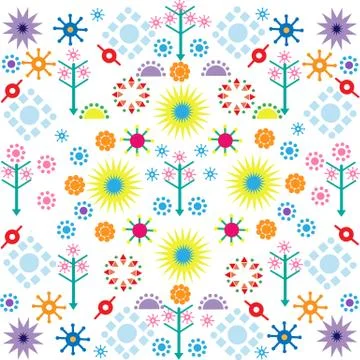 Trees flowers patterns colored symbols ornament on white background Stock Illustration