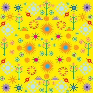 Trees flowers patterns colored symbols ornament on yellow background Stock Illustration