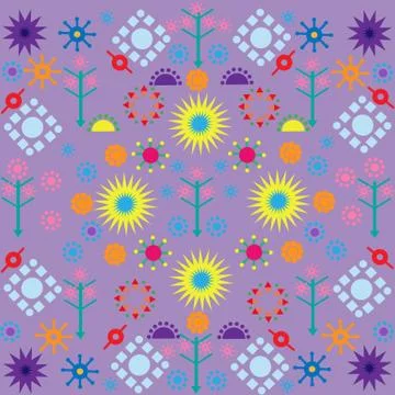 Trees flowers patterns colored symbols ornament on lilac background Stock Illustration