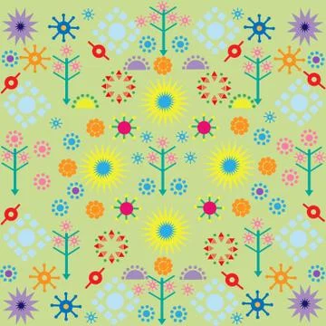 Trees flowers patterns colored symbols ornament on green background Stock Illustration
