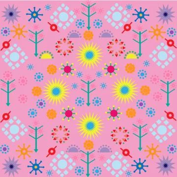Trees flowers patterns colored symbols ornament on pink background Stock Illustration