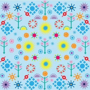 Trees flowers patterns colored symbols ornament on blue background Stock Illustration