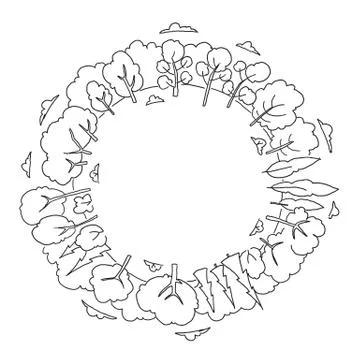 Trees forest drawing in circle round panorama. Place for text. Hand drawn sketch Stock Illustration