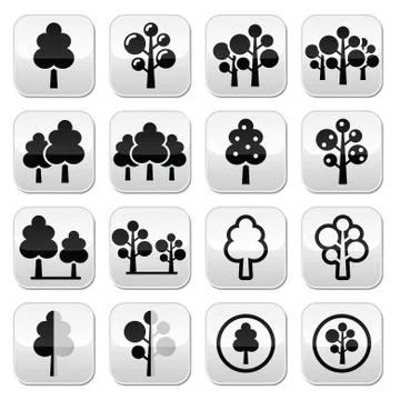 Trees, forest, park vector buttons set Stock Illustration