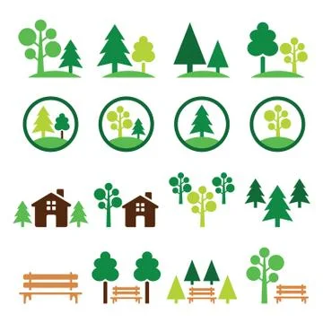 Trees, forest, park vector green icons set Illustrazione stock