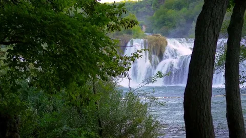 Trees in front of main big waterfall in Krka national park Stock-Footage 71178660