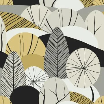 Trees grey seamless pattern with plants, leaves, forest theme. Hand draw text 스톡 일러스트